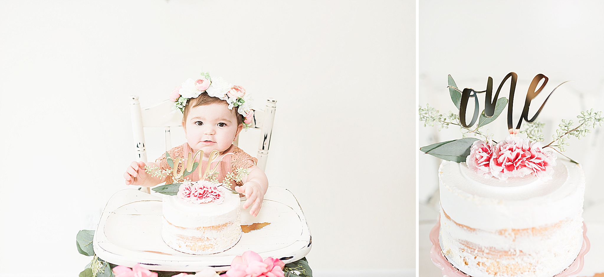 baby in floral crown with floral cake in front of her for first birthday