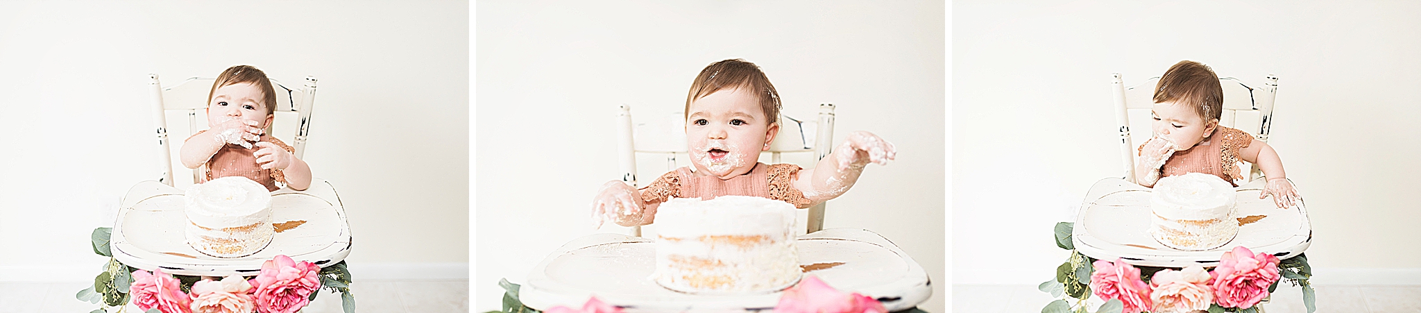 baby in high chair smashing their first cake