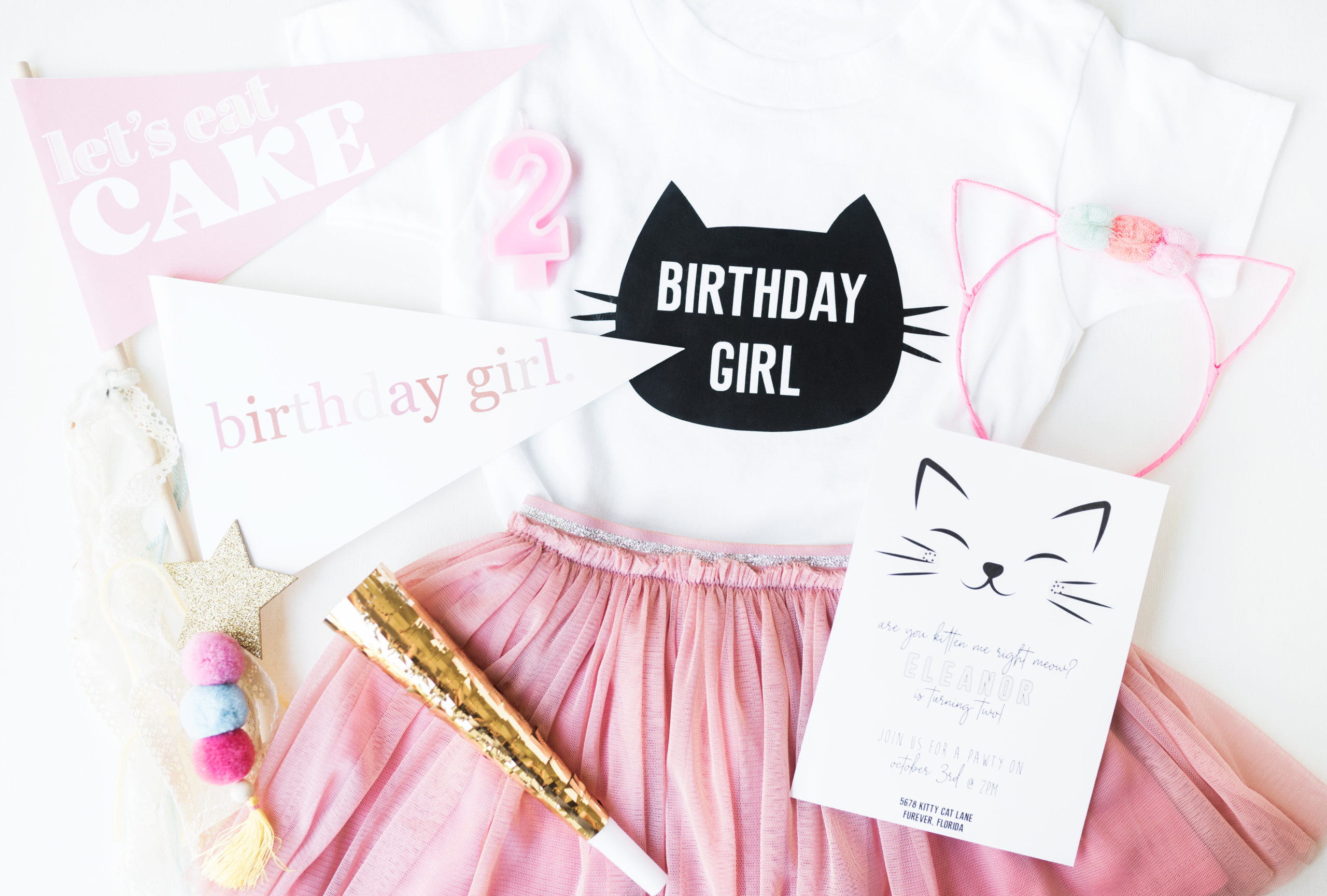 kitten theme birthday shirt, invitation, tutu, and accessories for kitty theme birthday