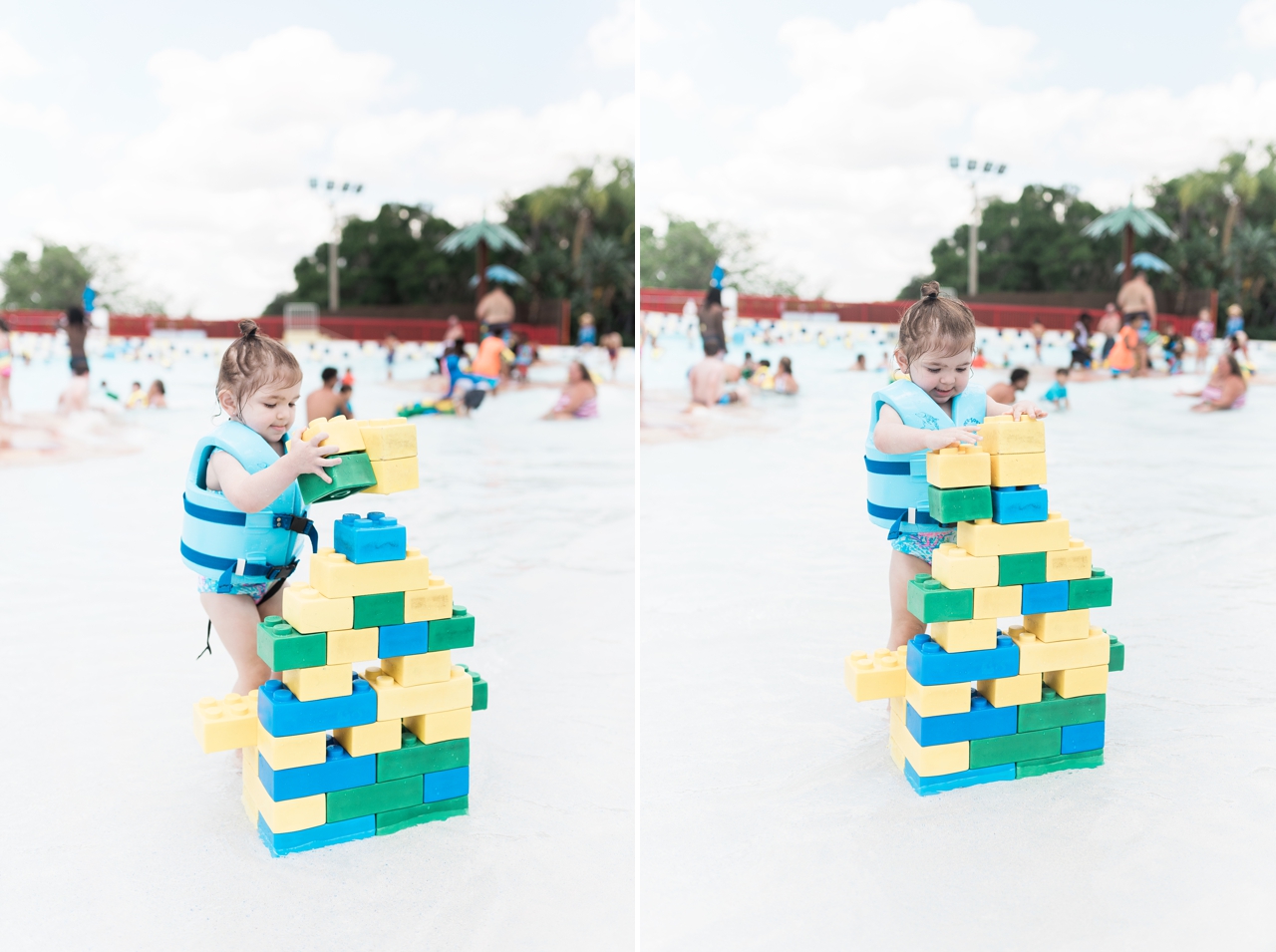 little girl building with giant LEGOS in the wave pool at LEGOLAND Florida