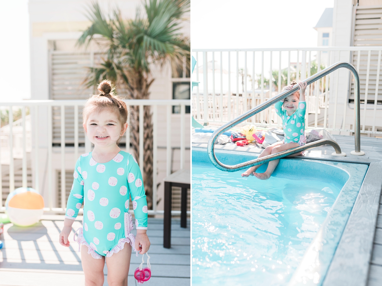 little girl in sand dollar long sleeve swimsuit at pool at beach rental in gulf shores, alabama, family vacation in gulf shores