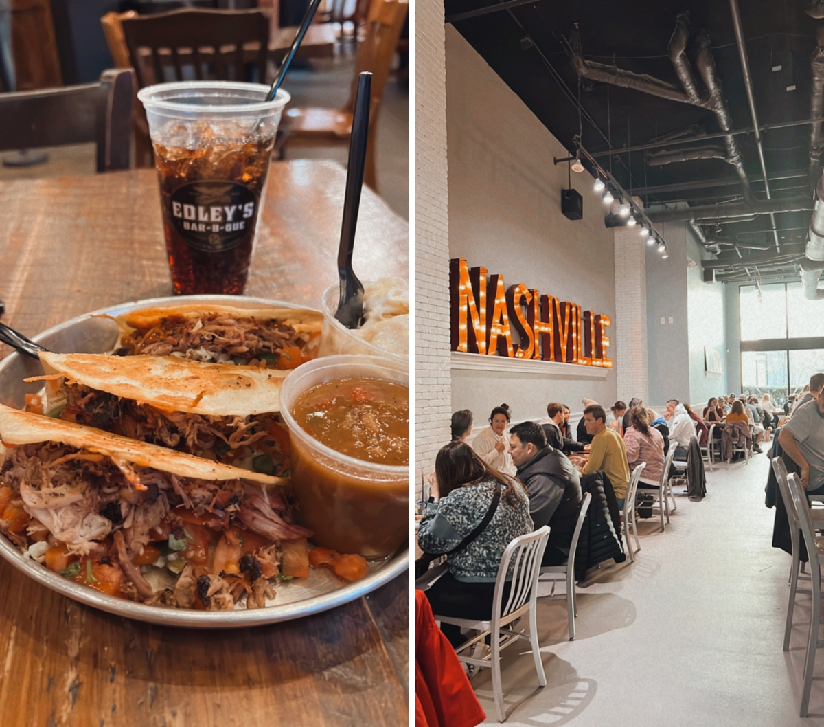 pork tacos at edley's BBQ and biscuit love nashville sign, best of nashville travel guide