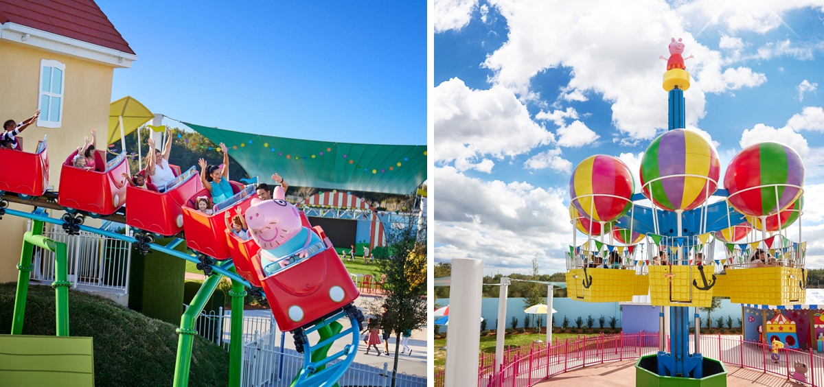 roller coast and balloon ride at peppa pig theme park