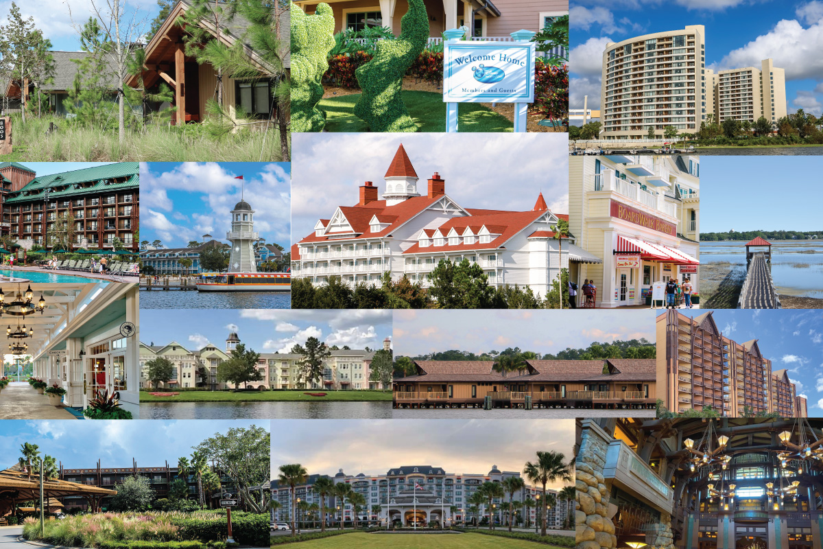 collage of various disney resorts in orlando florida dvc rentals
