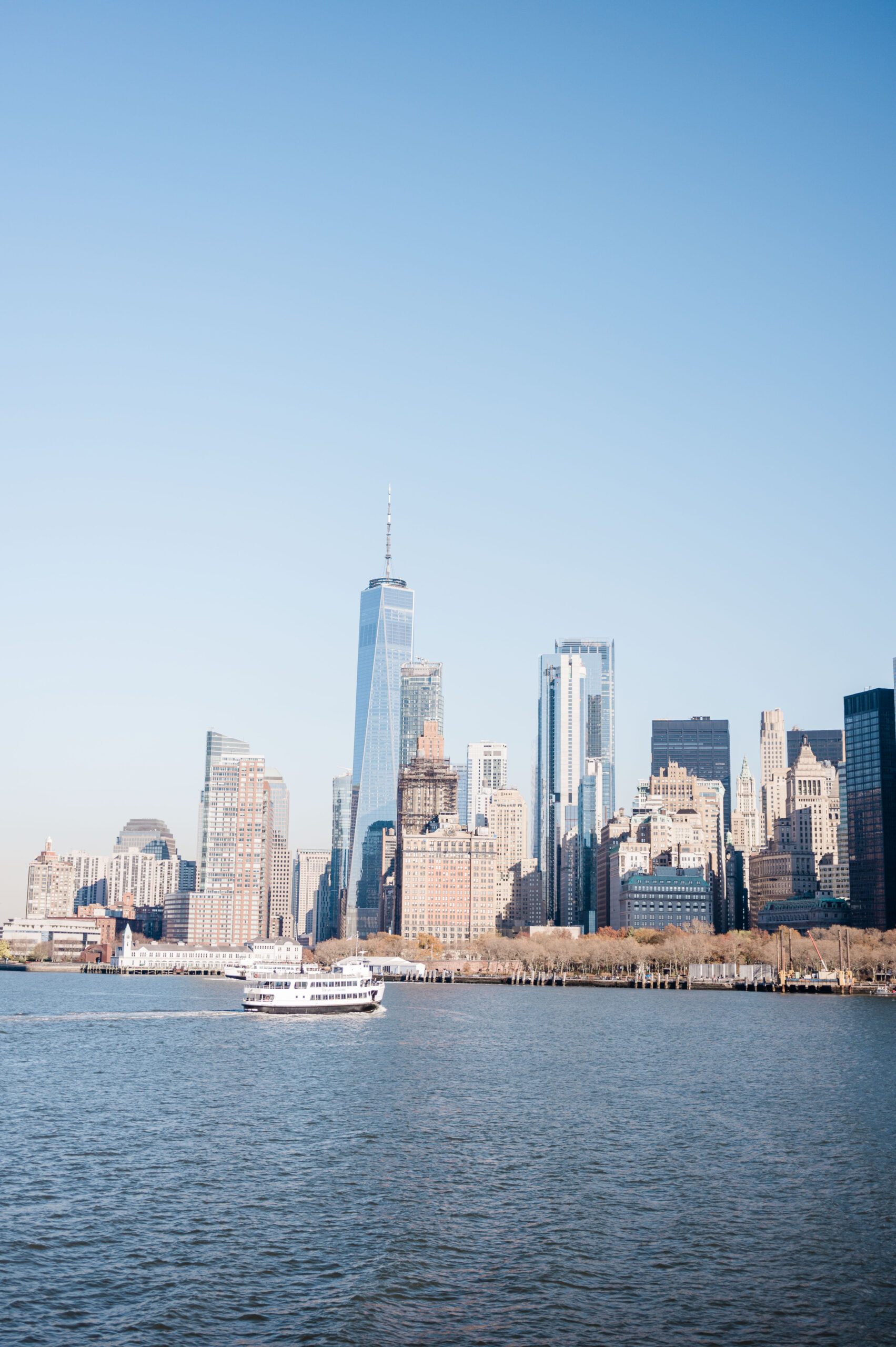 Skyline of New York City Manhattan from Hudson River on the Staten Island Ferry.