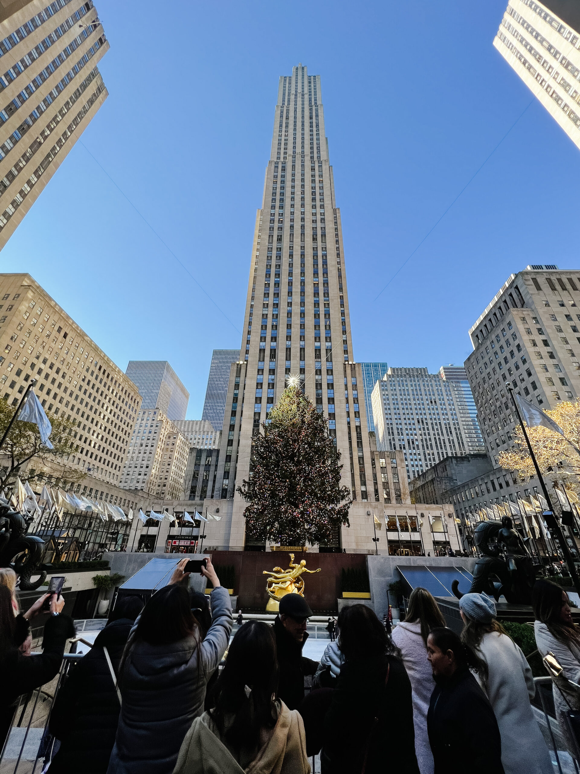 View of the Rockefeller Plaza Christmas tree.