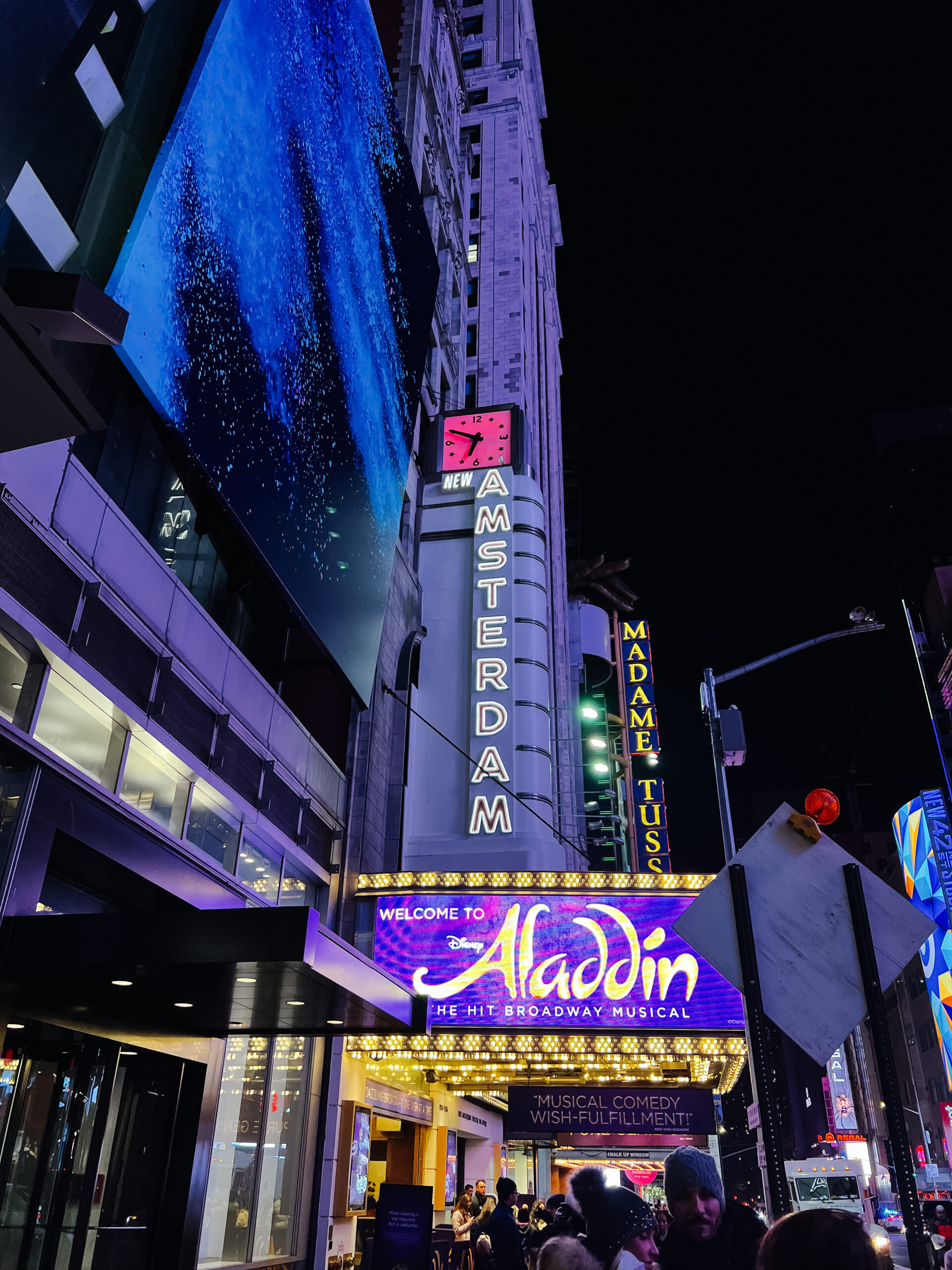 The view from outside the Amsterdam Theatre in New York City featuring Aladdin