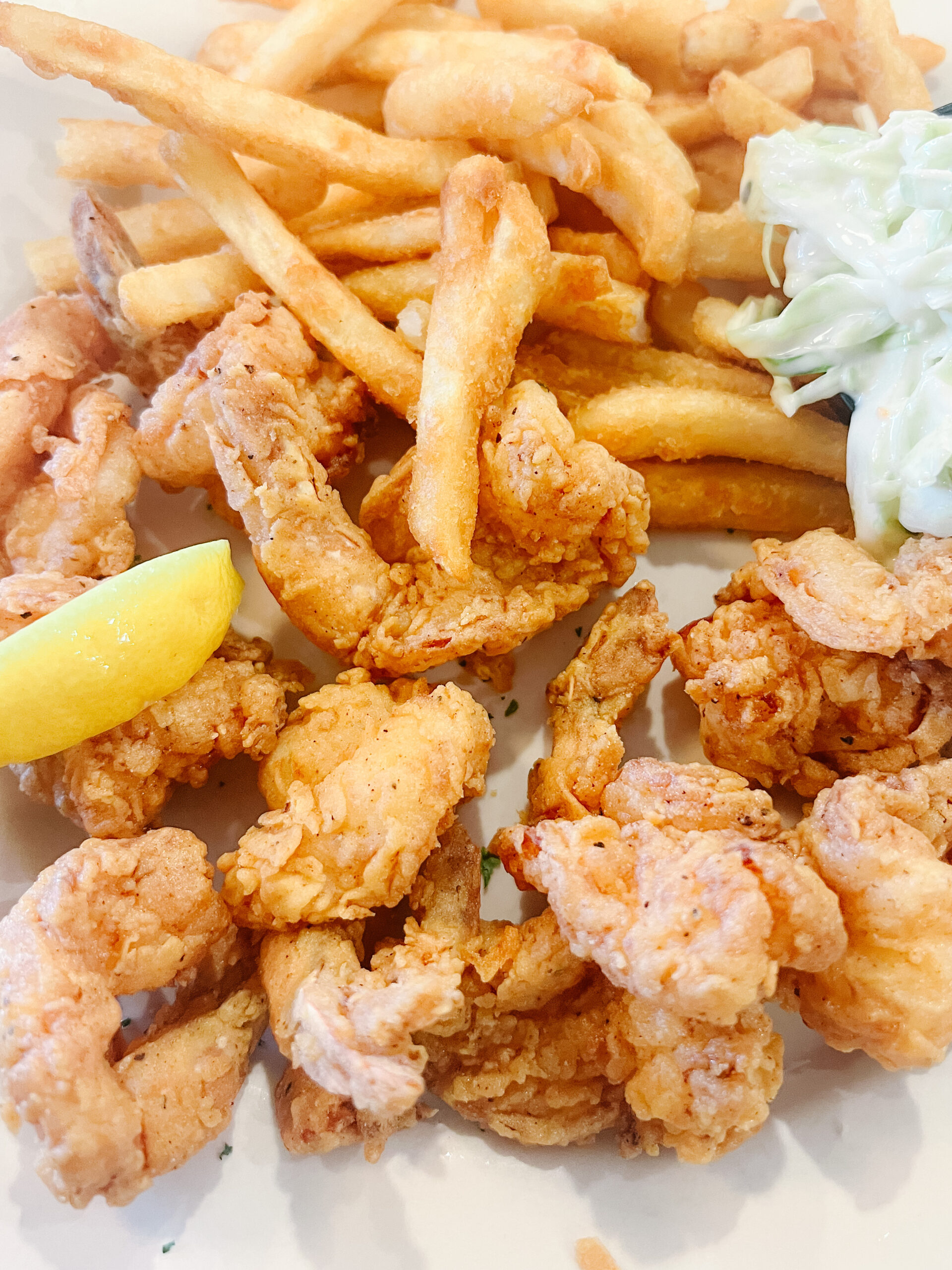 Fried Shrimp, cole slaw, and french fries at the sunset grille in saint augustine