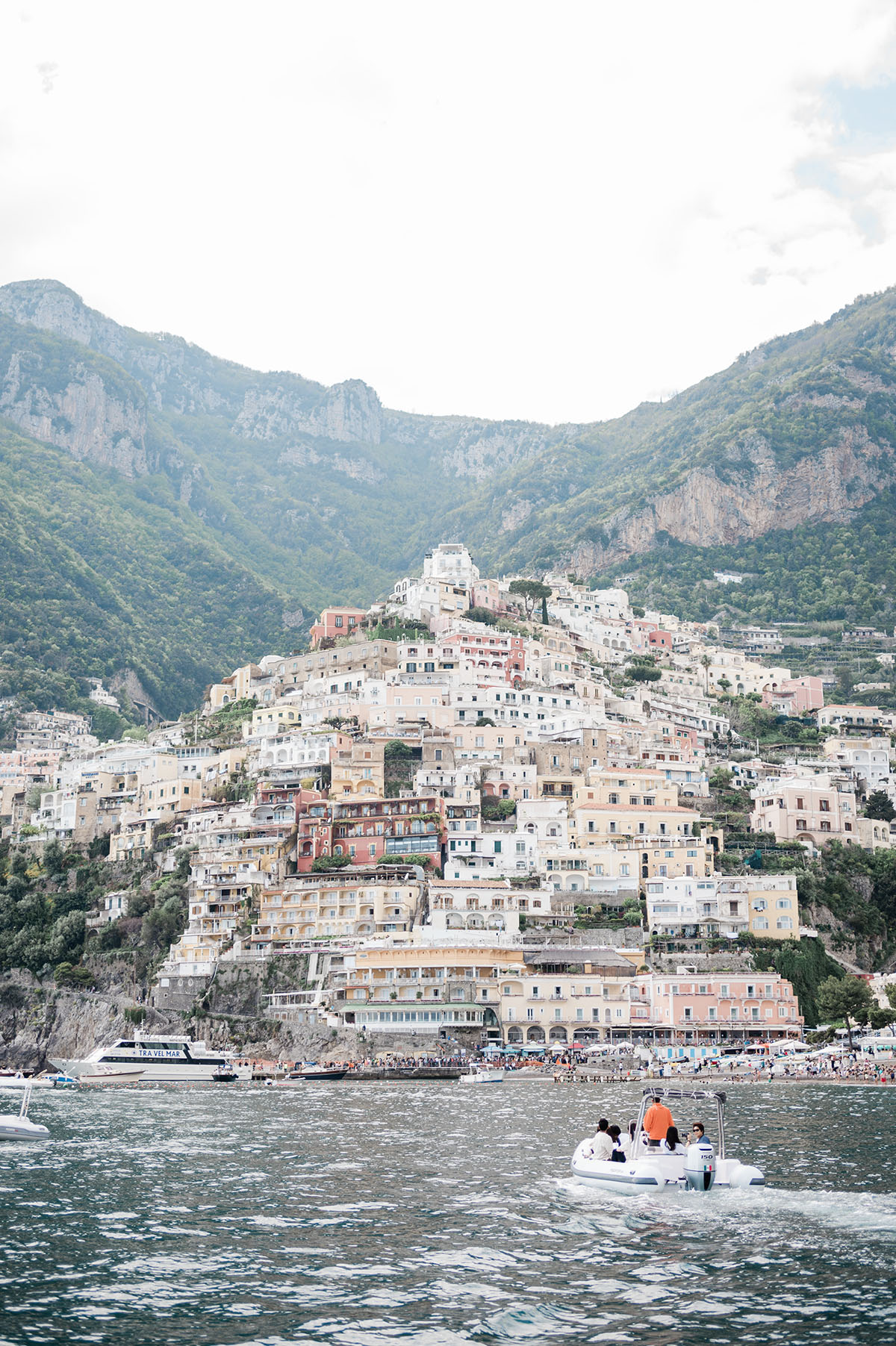 City of Positano, Italy from boat in the sea