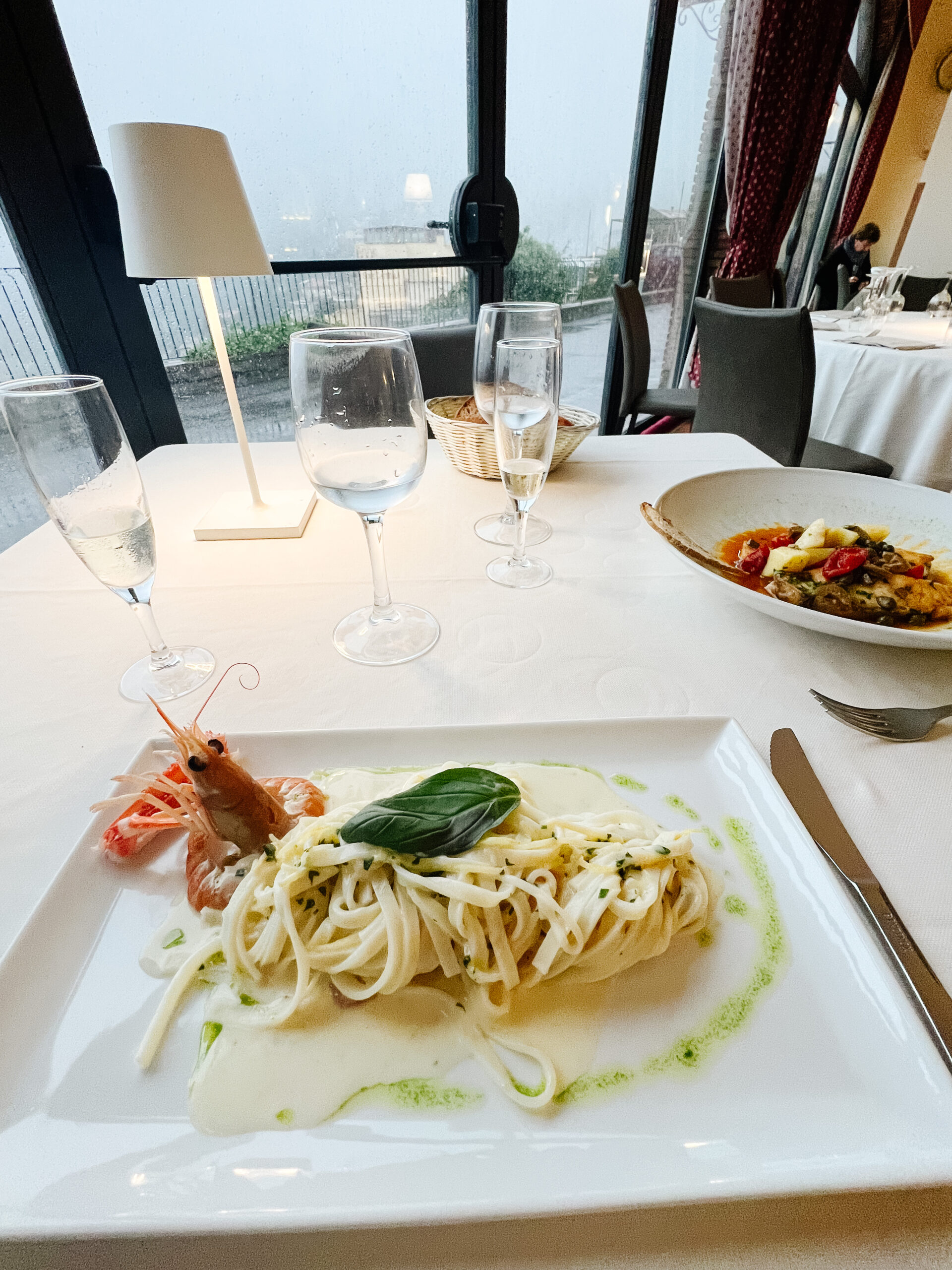 shrimp scampu pasta and view from Al Saraceno Sicily