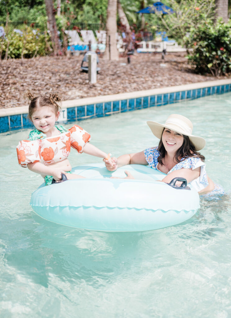 Brittney Naylor and Eleanor on water tube in the lazy river at The Grove Resort and Water Park in Orlando