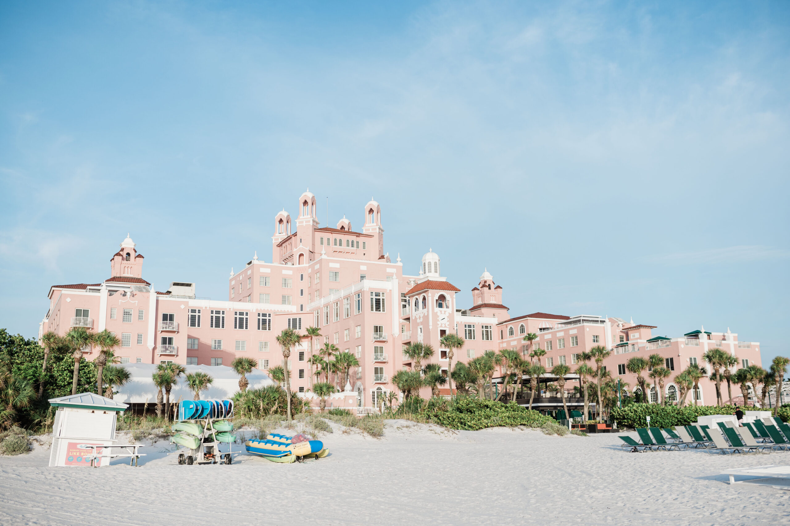 The Pink Palace, Don CeSar hotel view from the beach in Saint Pete with blue skies behind.