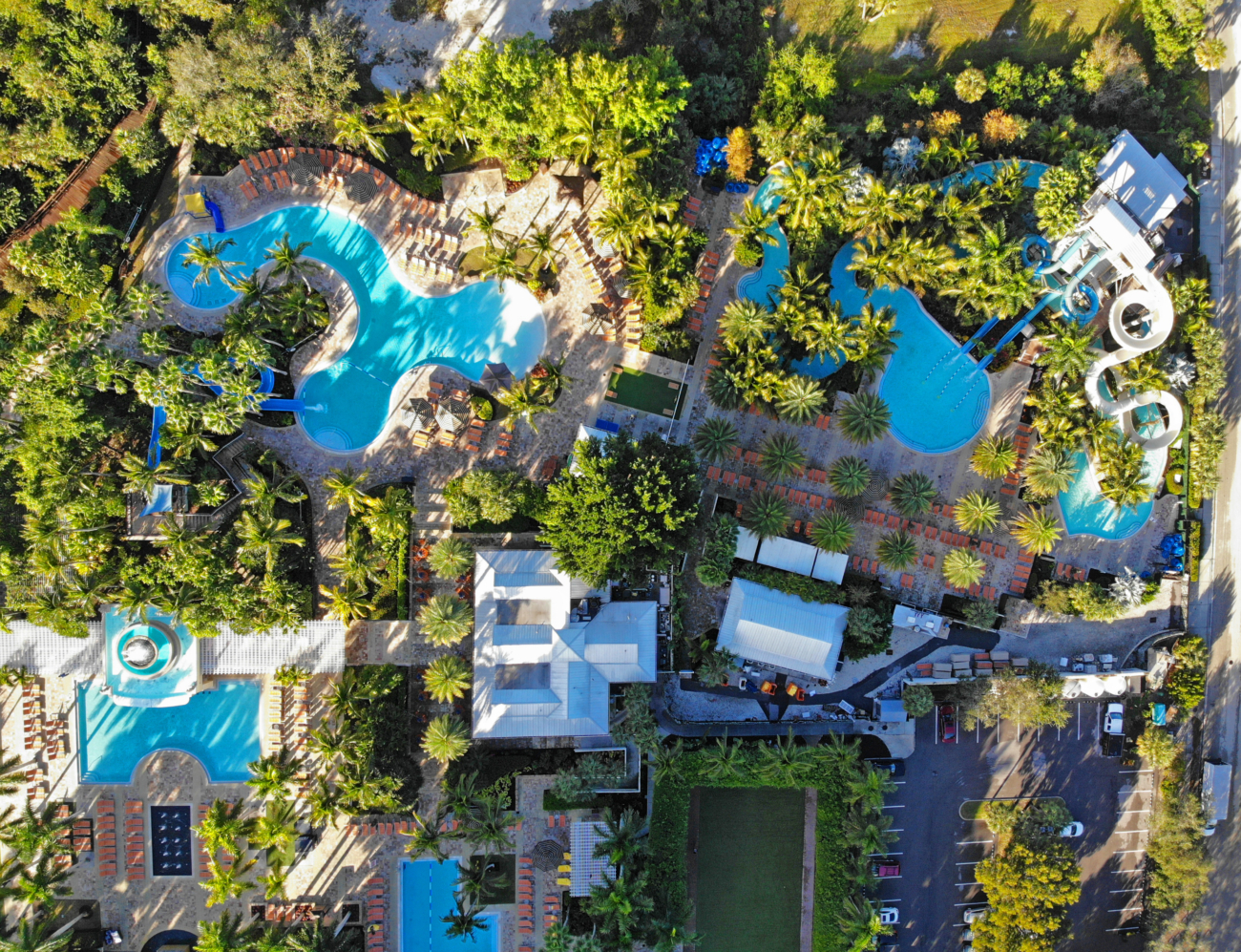 Aerial view of pools and slides at Hyatt Regency Coconut Point in Bonita Springs, Flroida