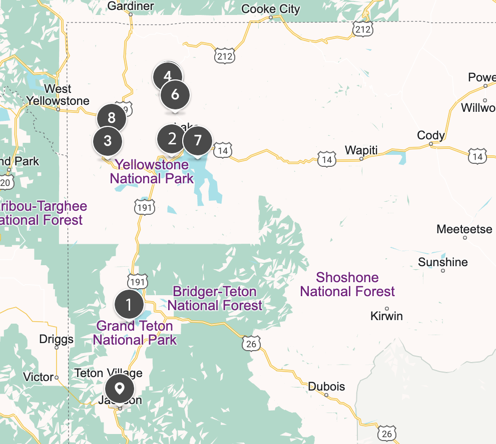 Map of itinerary for Jackson Hole to Yellowstone day trip tour