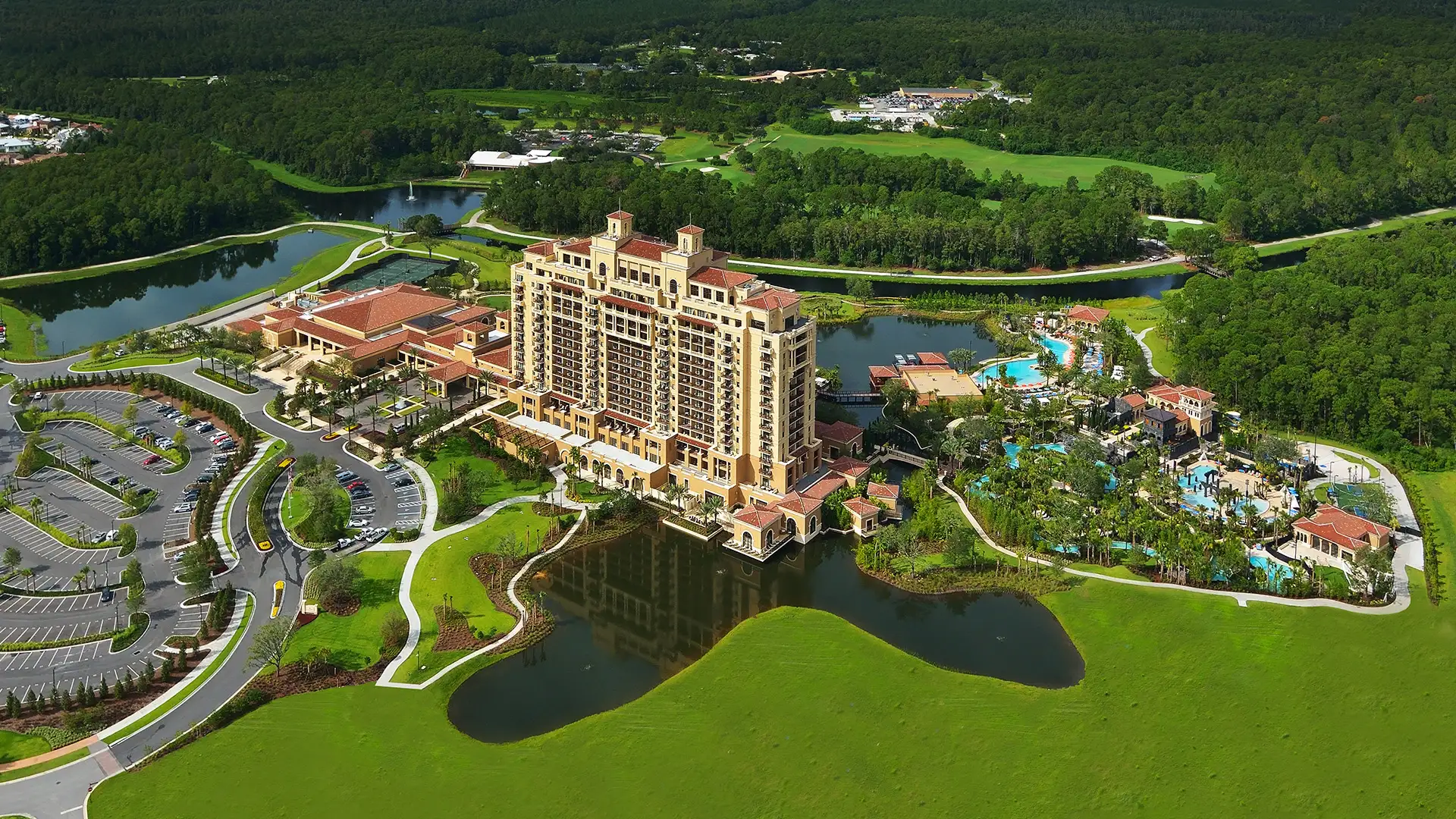 Aerial view of Four Seasons Orlando Resort--best Orlando staycations for families