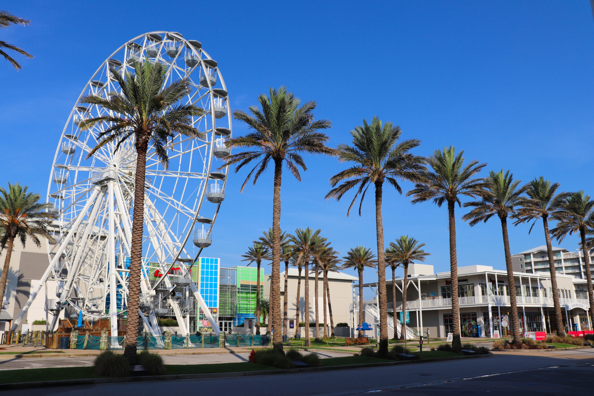 The Wharf in Orange Beach featuring tall palm trees, a ferris wheel, shopping, and dining. Photo courtesy of Gulf Shores & Orange Beach Tourism