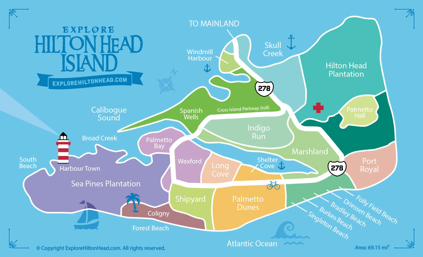 A digital art map of Hilton Head Island featuring popular landmarks