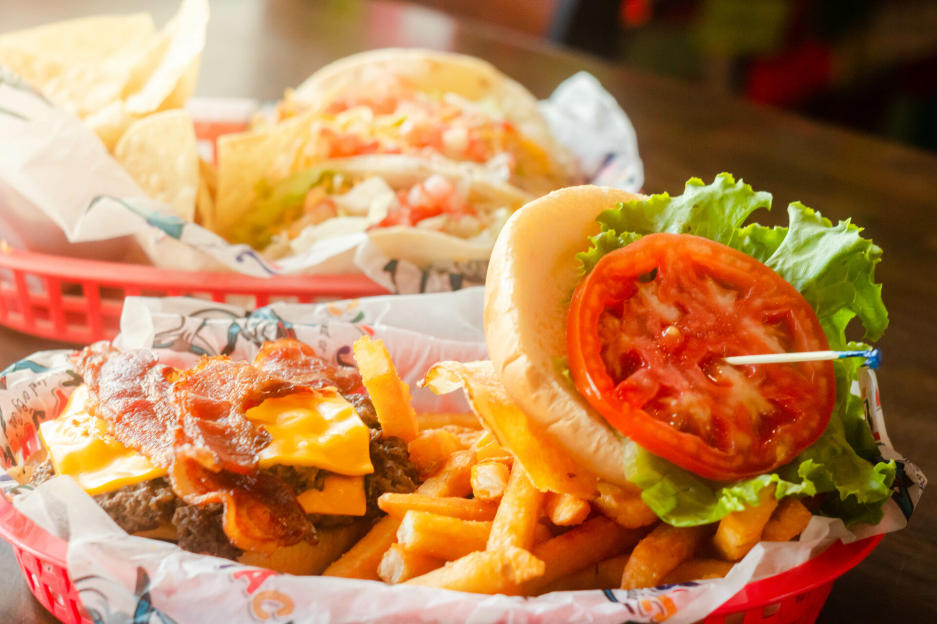 Tacky Jack's burger and tacos in basket in Gulf Shores--best family friendly restaurants in gulf shores, photo courtesy of Alabama Beaches Tourism