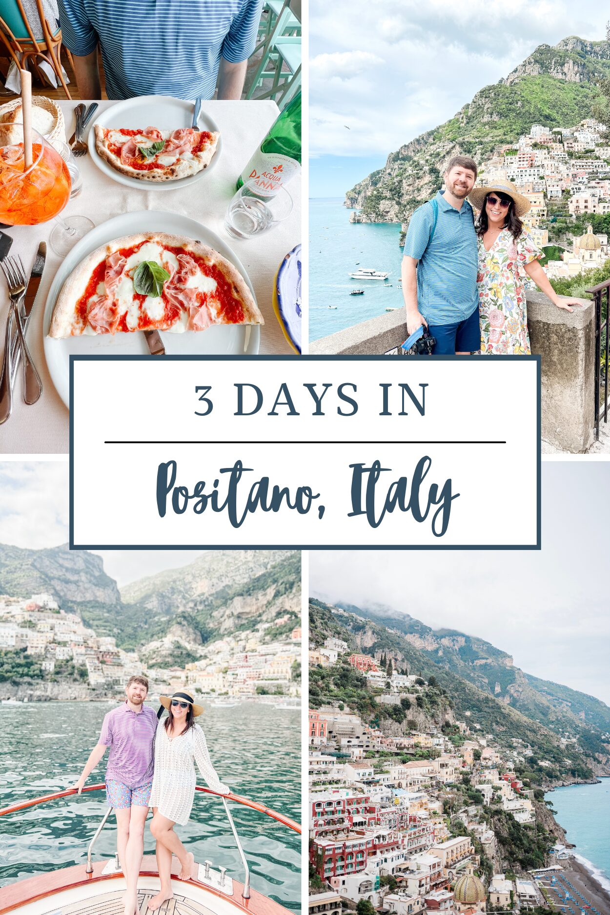 a collage of a couple of people posing for a picture throughout Positano, Italy